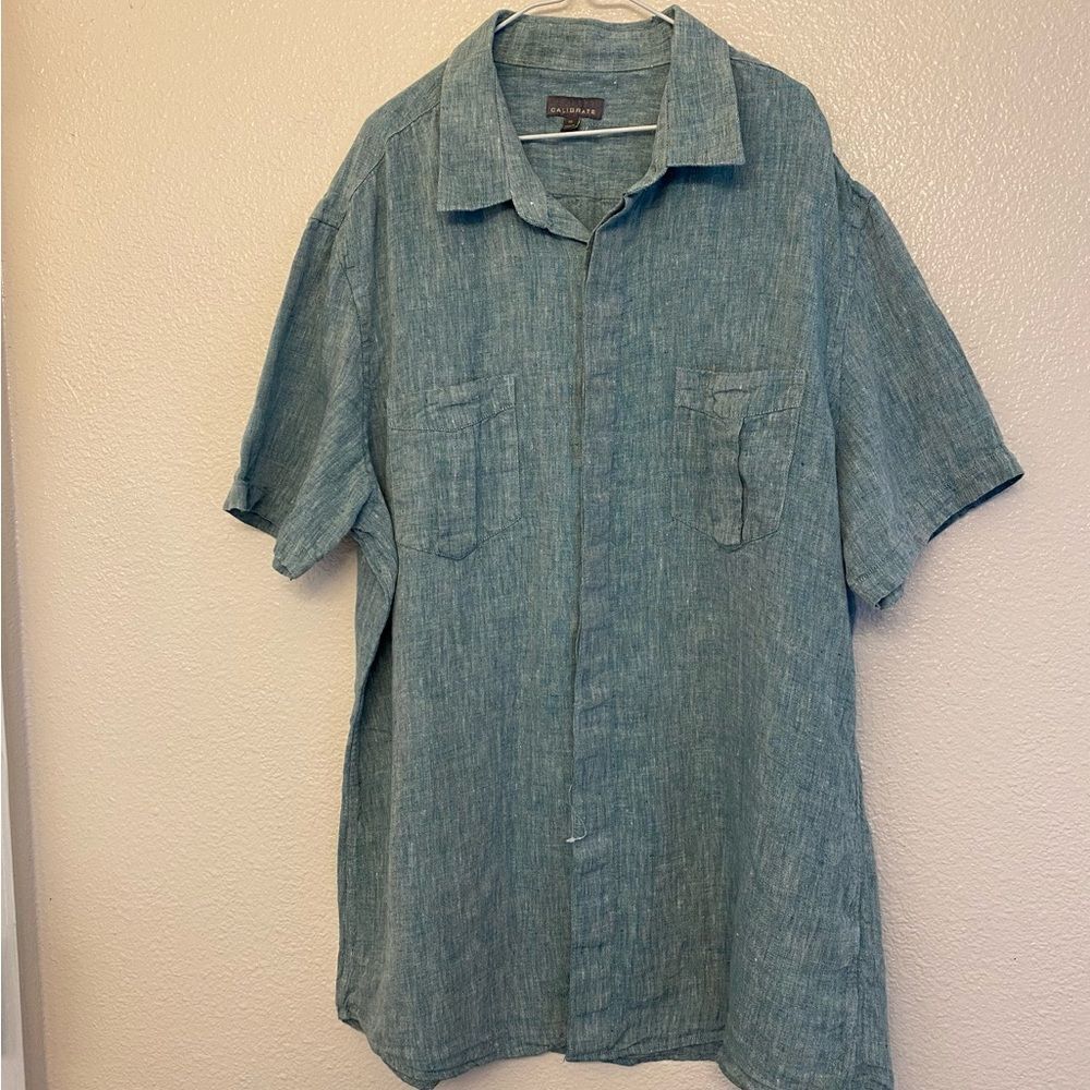 Calibrate mens linen button up casual Short Sleeve Shirt  blue coastal beach XL